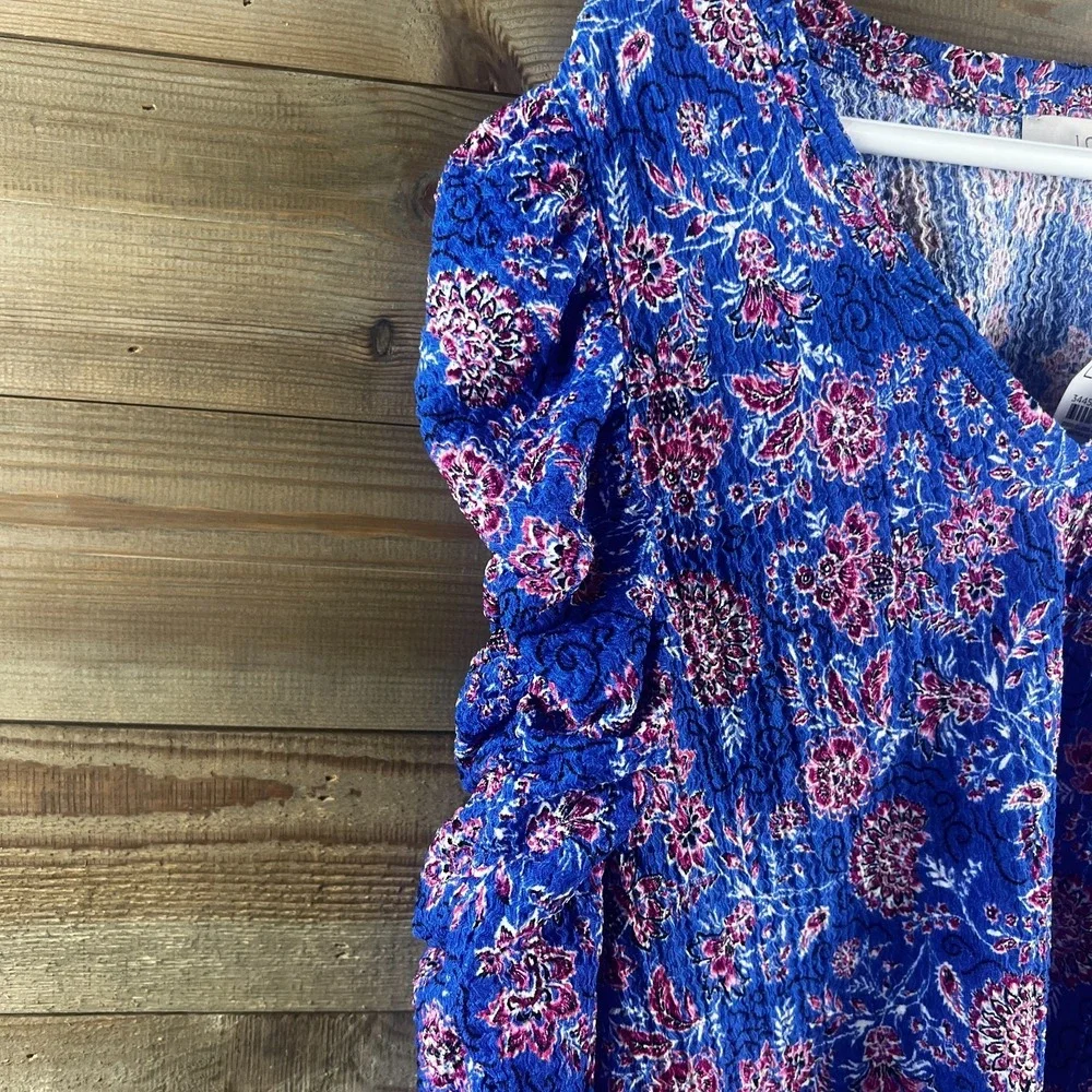 Loft Womens Shirt Garden Shirred‎ Puff Sleeve Cerulian Star Floral Peasant Large